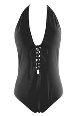 Black Halter Strappy Lace Up Braided Crisscross One Piece Swimsuit