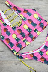 Pink Strappy Pineapple Print Side Tie High Cut Cheeky Two Piece Swimsuit