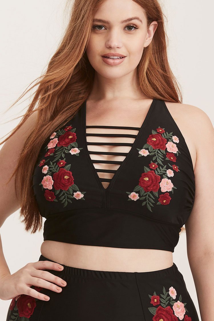Plus Size High Waist Floral Embroidery Strappy Plunge Bikini