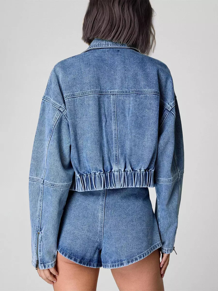 Casual Bomber Jacket And Trendy Short Denim Two-Piece Set