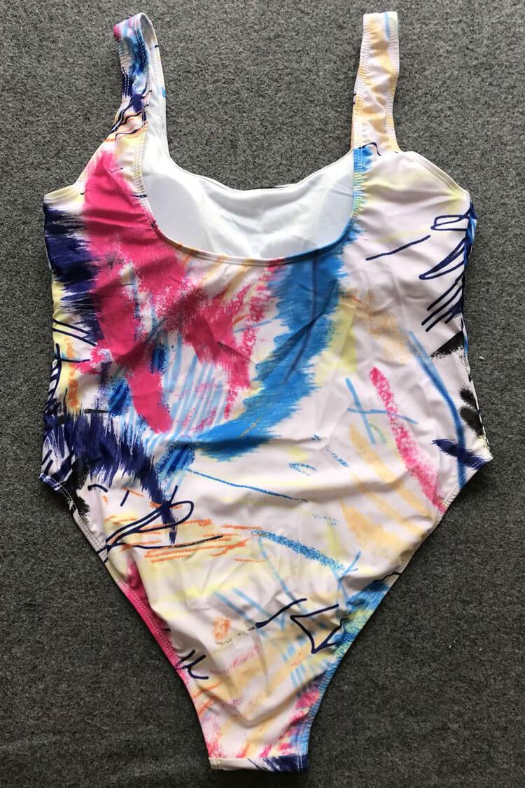 Plus Size Scrawl Printed High Leg One Piece Swimsuit