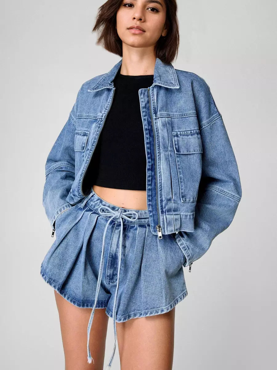 Casual Bomber Jacket And Trendy Short Denim Two-Piece Set