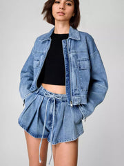 Casual Bomber Jacket And Trendy Short Denim Two-Piece Set