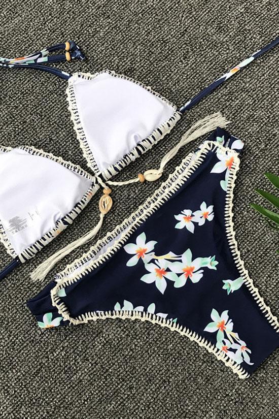 Navy Floral Printed Crochet Edge Sliding Triangle Bikini