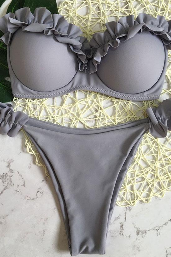 Ruffle Trim Push Up Bandeau Underwire Bikini - Two Piece Set