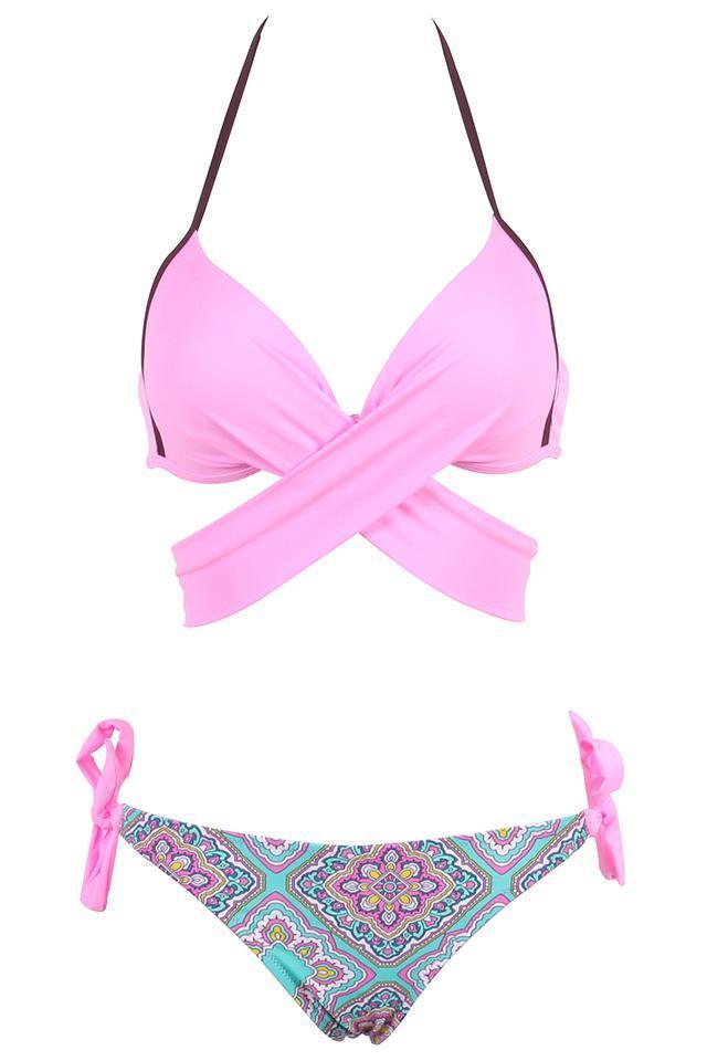 Pink Tribal Print Wrap Around Side Tie Halter Bikini Bathing Suit