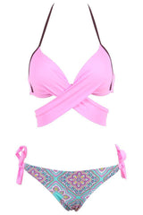 Pink Tribal Print Wrap Around Side Tie Halter Bikini Bathing Suit
