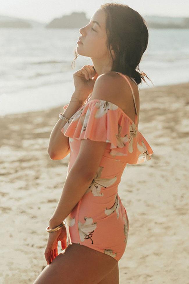 Orange Pretty Off Shoulder Floral Print One Piece Swimsuit
