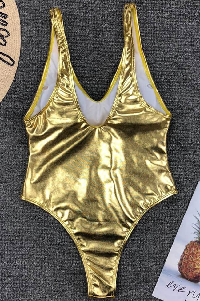 Metallic High Leg V Neck One Piece Swimsuit