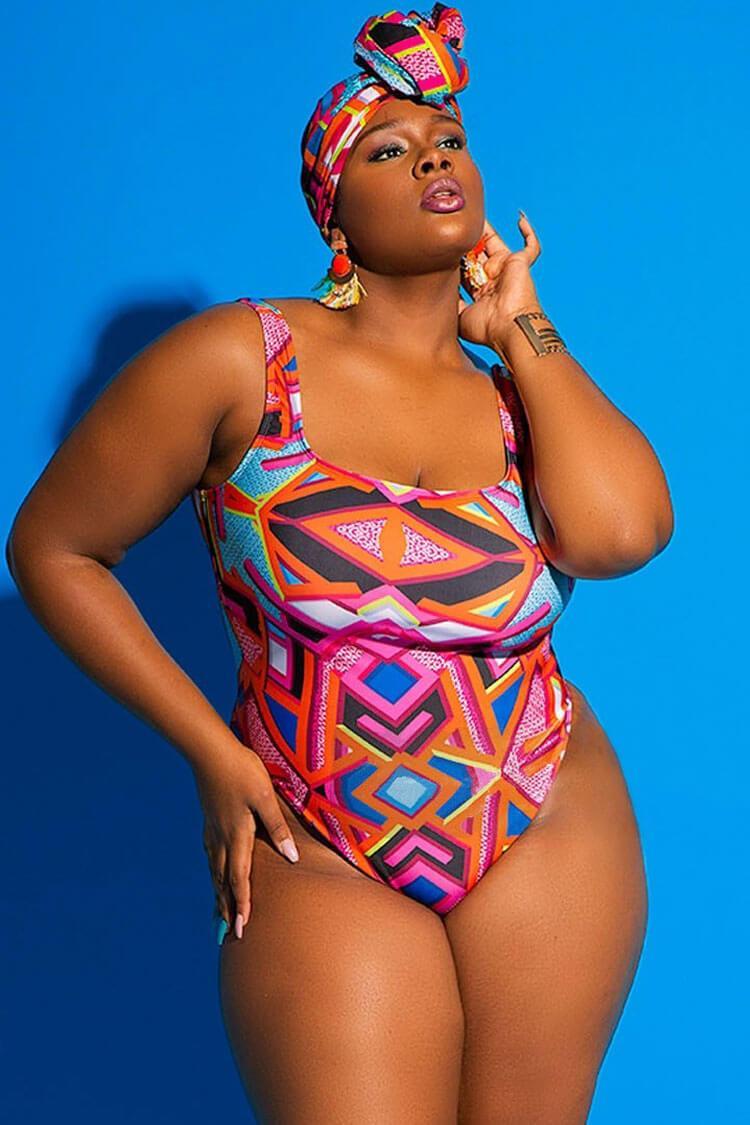 Plus Size Geometric Printed High Leg One Piece Swimsuit