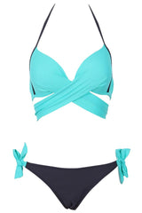 Jade Blue Wrap Around Side Tie Halter Bikini Bathing Suit