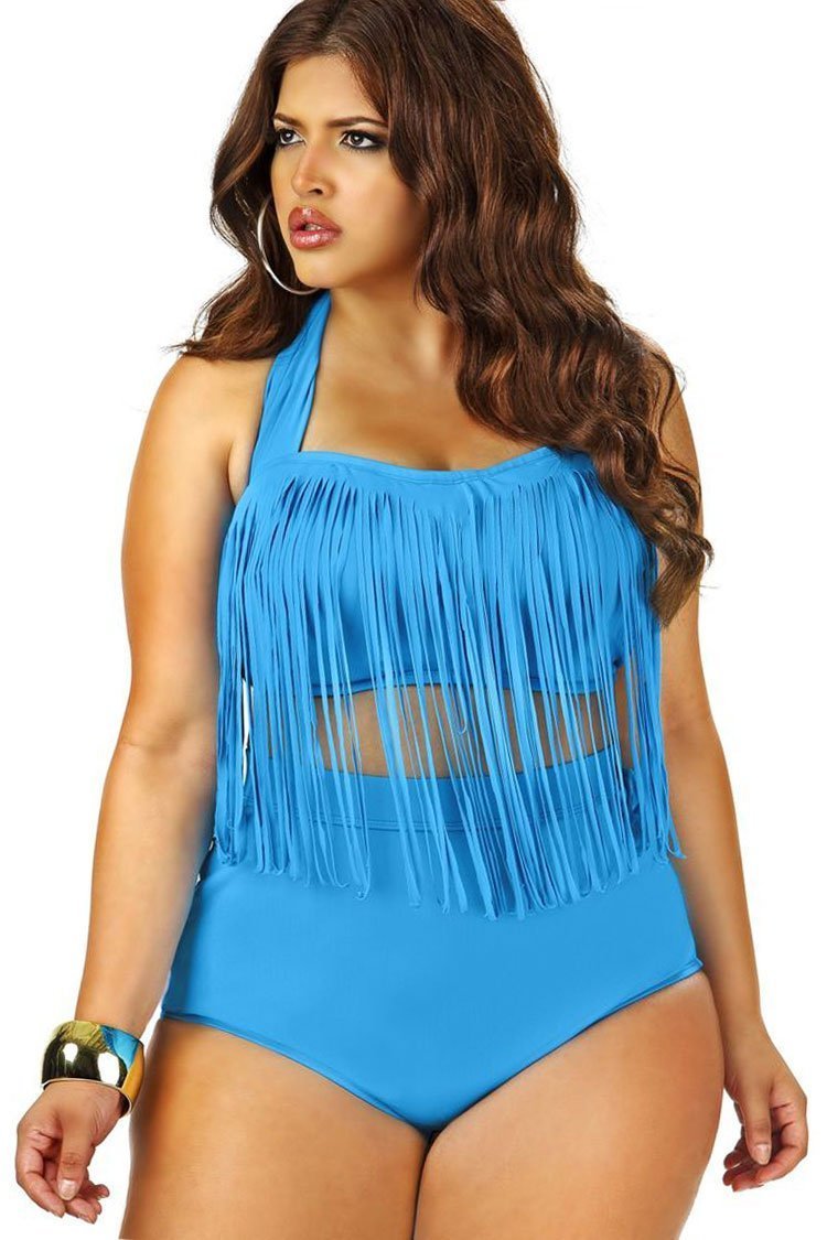 Plus Size Timeless Fringed Halter Bandeau Bikini - Two Piece Swimsuit