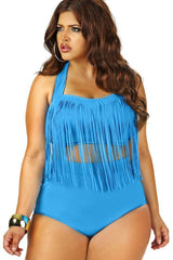 Plus Size Timeless Fringed Halter Bandeau Bikini - Two Piece Swimsuit