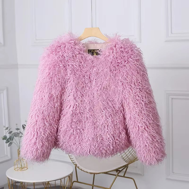 Luxury Warm Faux Fur Long Sleeve Patchwork High Waist Coats Outwear