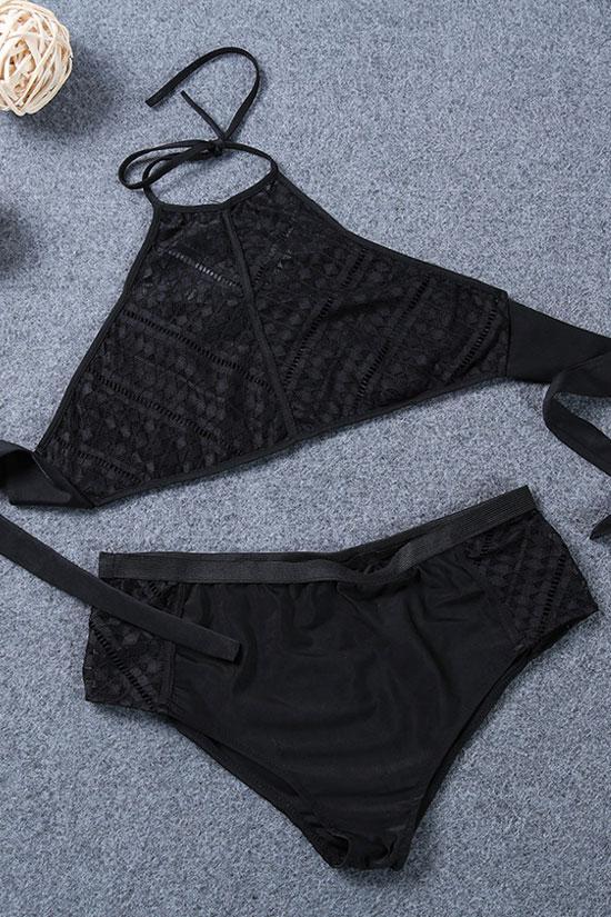 Plus Size High Neck Lace Panel Bikini - Two Piece Set