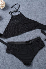Plus Size High Neck Lace Panel Bikini - Two Piece Set