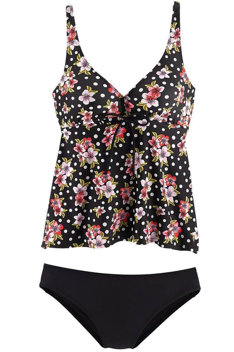 Floral Bowknot Flare Deep V Neck Tankini Swimsuit - Two Piece Set