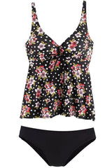 Floral Bowknot Flare Deep V Neck Tankini Swimsuit - Two Piece Set