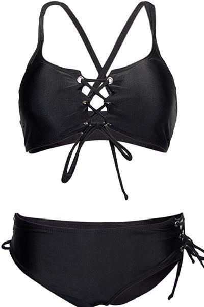 Black Lace Up Strappy Bikini