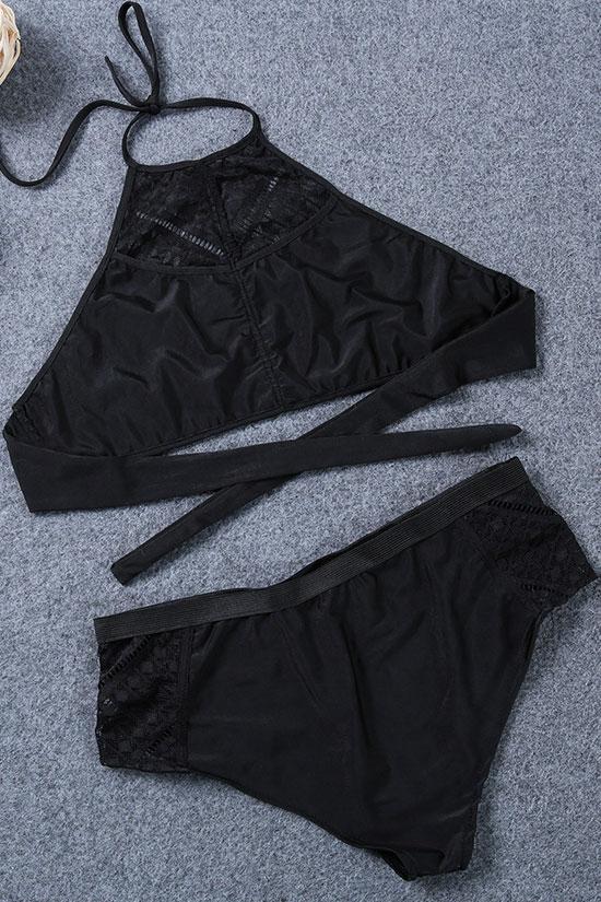 Plus Size High Neck Lace Panel Bikini - Two Piece Set