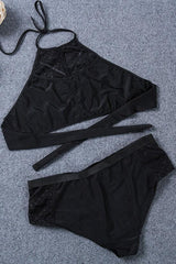Plus Size High Neck Lace Panel Bikini - Two Piece Set