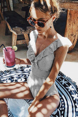 Contrast Striped Ruffle V Neck One Piece Swimsuit