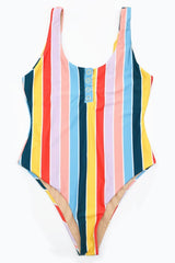 High Leg Rainbow Striped One Piece Swimsuit