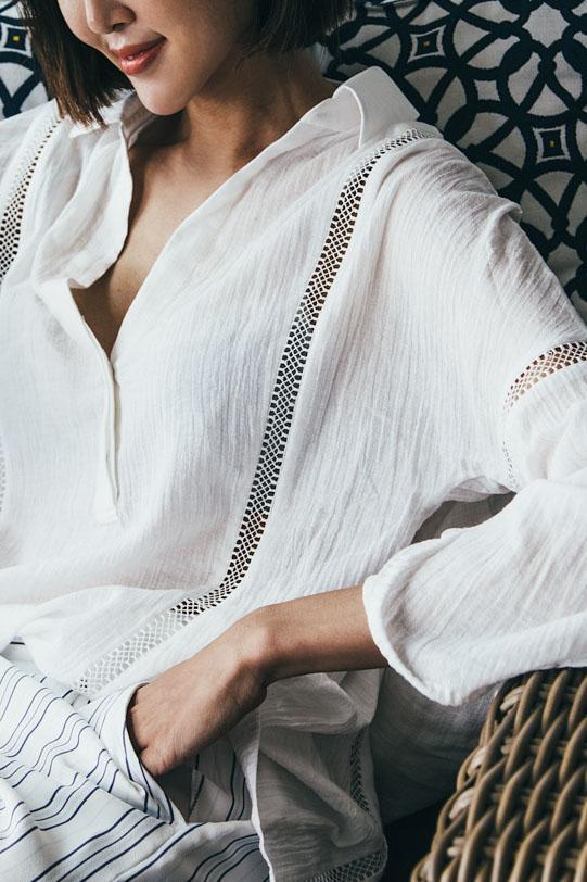 White Lapel Long Sleeve Beach Bikini Cover Up Tunic