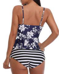 Royal Blue Floral Print Halter Peplum Tankini Set