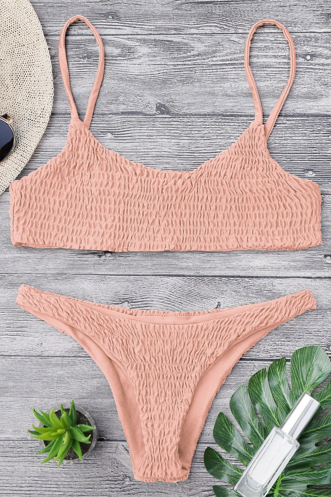 Pink Smocked Scoop Neck High Cut Cheeky Two Piece Brazilian Bikini