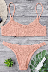 Pink Smocked Scoop Neck High Cut Cheeky Two Piece Brazilian Bikini