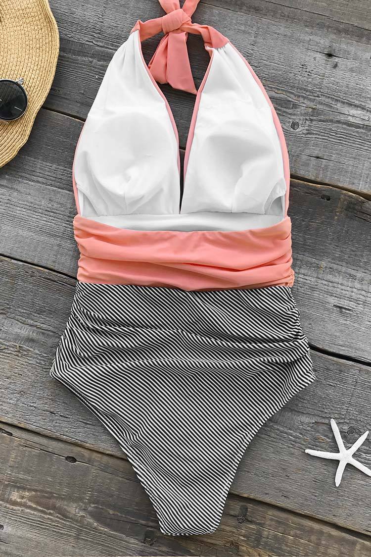 Low Back Stripe Ruched Deep V Halter One Piece Swimsuit
