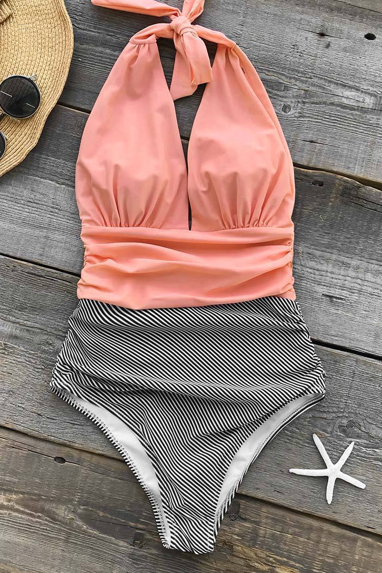 Low Back Stripe Ruched Deep V Halter One Piece Swimsuit