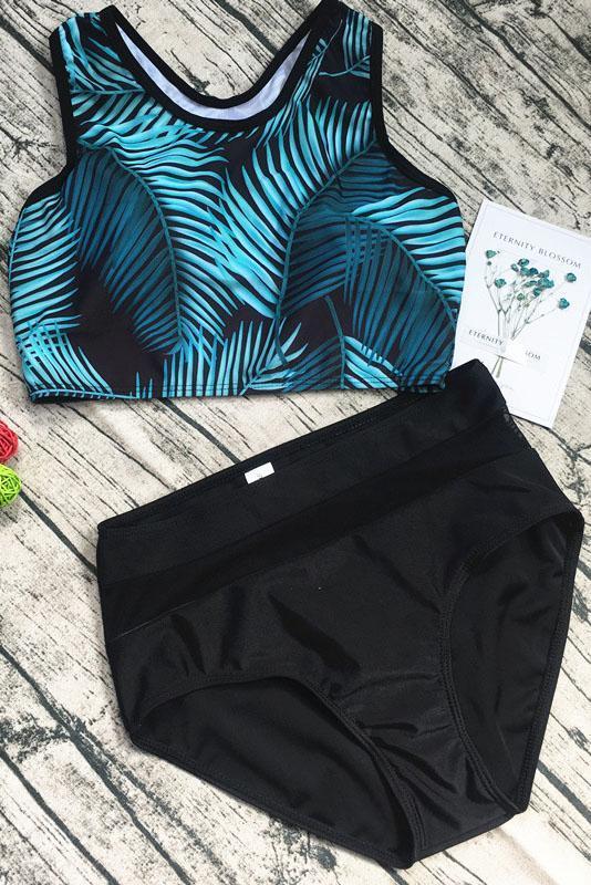 Green Black Palm Leaf Print High Waisted Crop Top Bikini