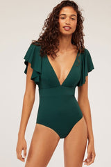 Solid Ruffle Sleeved Plunged Neck One Piece Swimsuit