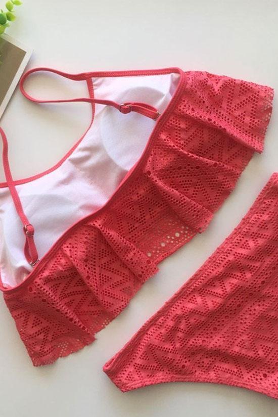 Red Lace Overlay Ruffle Cami Bikini