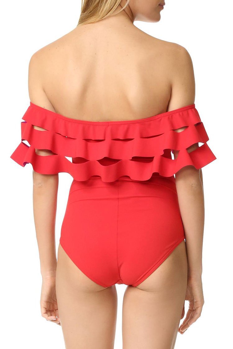 Red Layered Ruffle Off The Shoulder One Piece Swimsuit