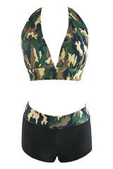 Black Camo Print Halter High Waisted Boyshort Two Piece Swimsuit