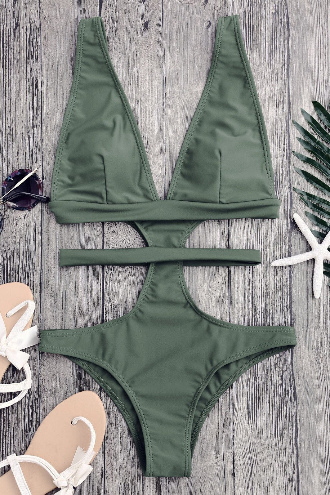Army Green Cutout Plunging Neck Bandage Cheeky Monokini Swimwear