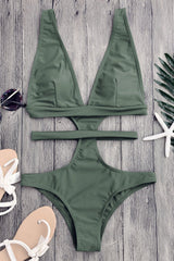 Army Green Cutout Plunging Neck Bandage Cheeky Monokini Swimwear