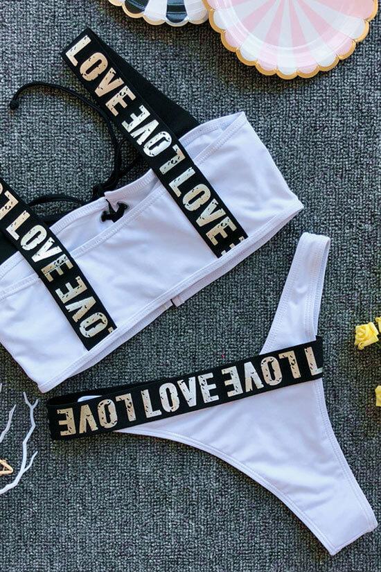 High Leg Metallic Letter Strap Lace Up Bikini - Two Piece Set