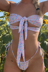 Floral Knotted Front Tie String Bandeau Bikini - Two Piece Set