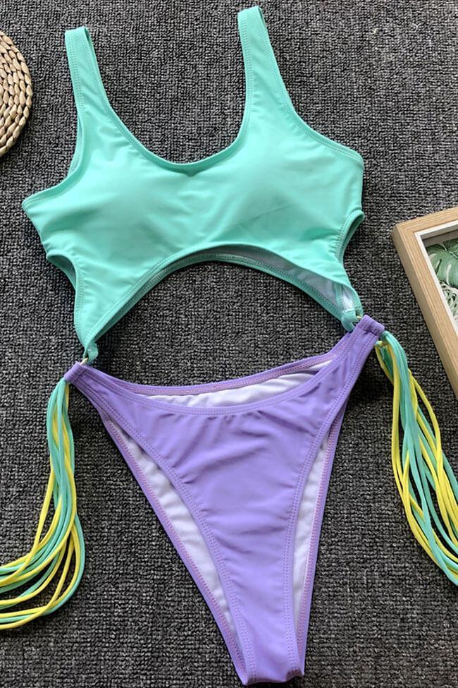 Tassel Contrast Color High Leg Cutout One Piece Swimsuit