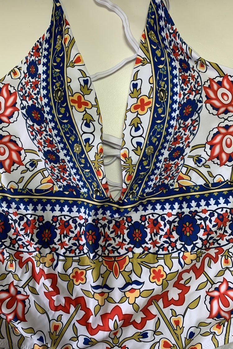 Ethnic Crisscross Strappy Low Back High Leg Deep V One Piece Swimsuit