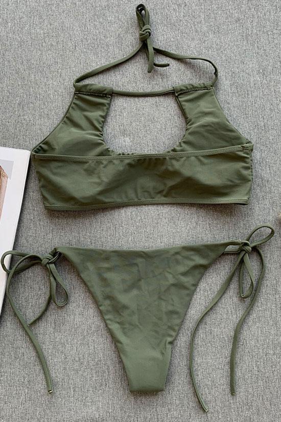 Solid Tied String Side Halter Cutout Bikini - Two Piece Set