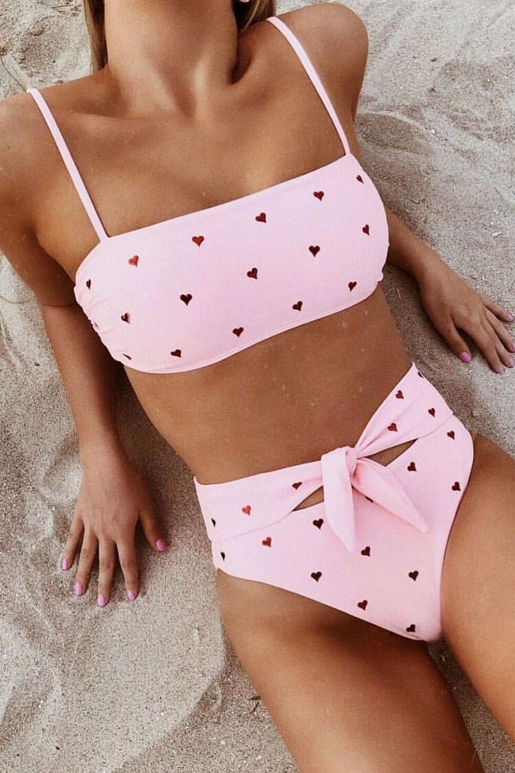 High Waisted Knotted Hearts Printed Bandeau Bikini - Two Piece Set