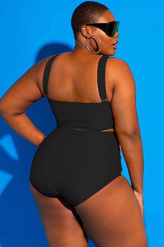 Plus Size Solid Strappy Cutout Monokini One Piece Swimsuit