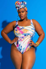 Plus Size Scrawl Printed High Leg One Piece Swimsuit