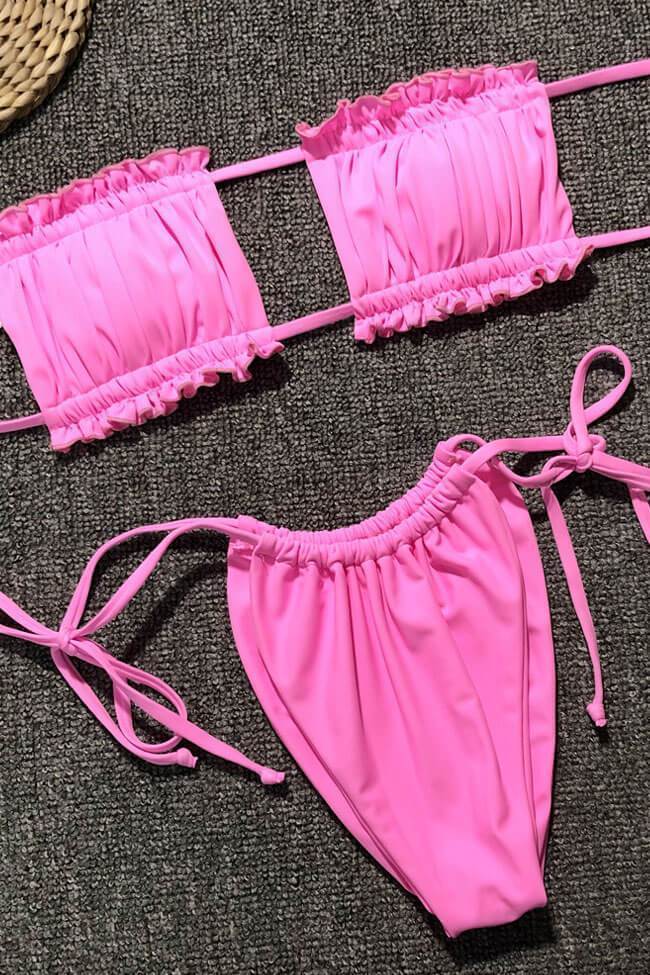 Solid Tie Side Shirred Slide Bandeau Bikini - Two Piece Swimsuit