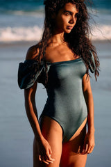 Active Puff Sleeve Square Neck One Piece Swimsuit